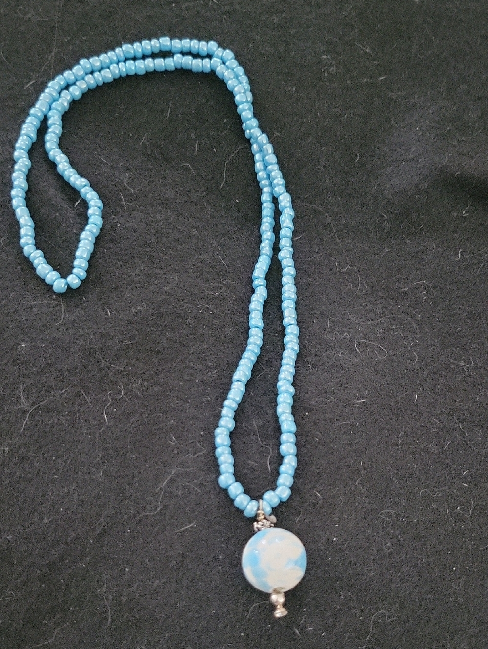 Source Unknown Light Blue Beaded Necklace with Round Pendant